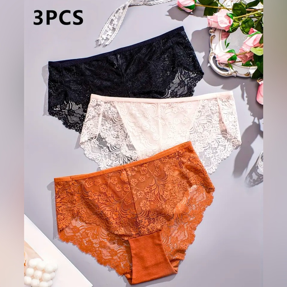 3 Pc High Waist Lace Scalloped Trim Panties